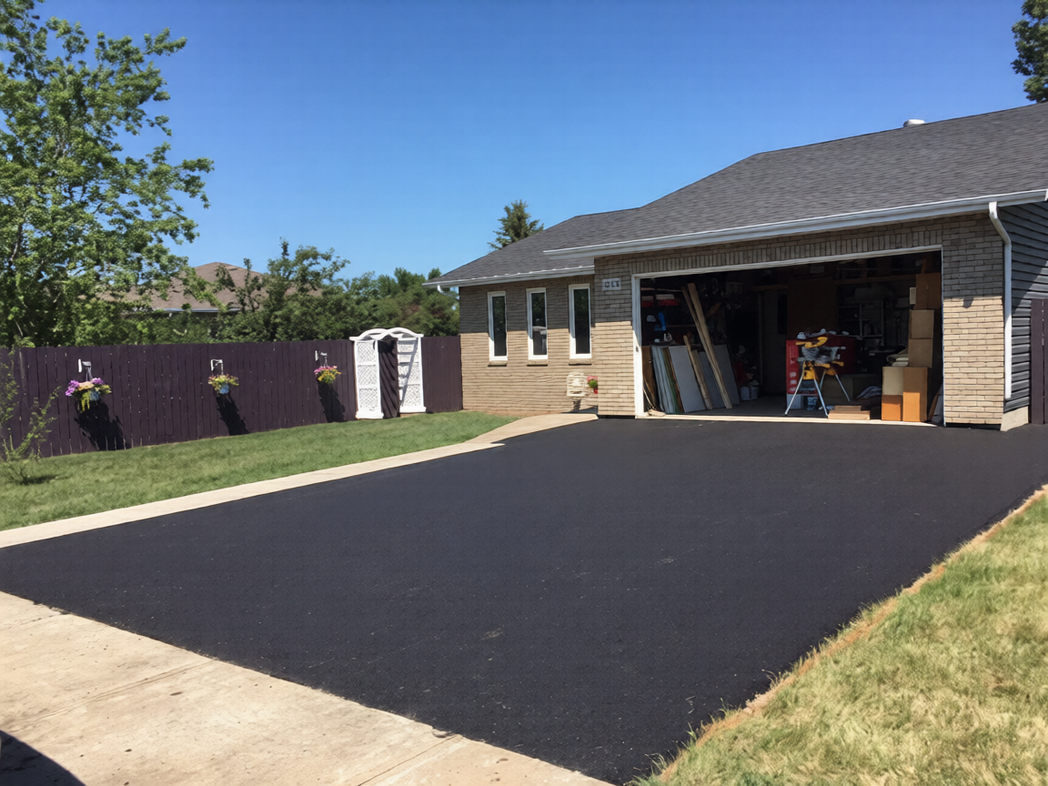 Finished asphalt driveway leading to a Saskatchewan home at dusk